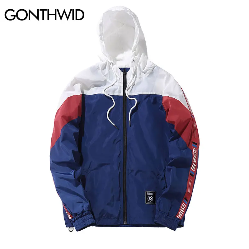 GONTHWID Color Block Patchwork Windbreaker Hooded Jackets Men Hip Hop ...