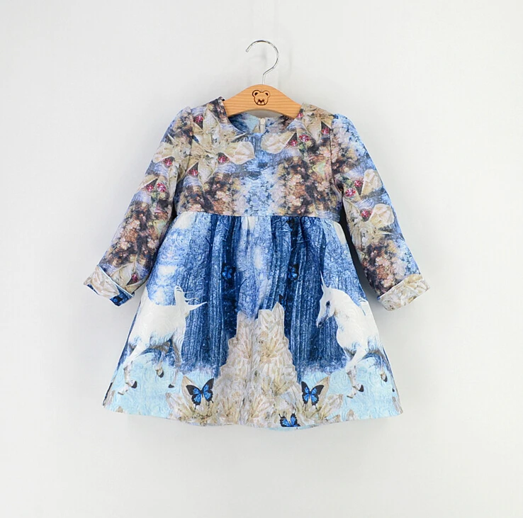 

Girl Winter Princess Dress Infant Party Dress 2016 Unicorn Print Children Kids Dress for Baby Girls Dream World Autumn Dresses