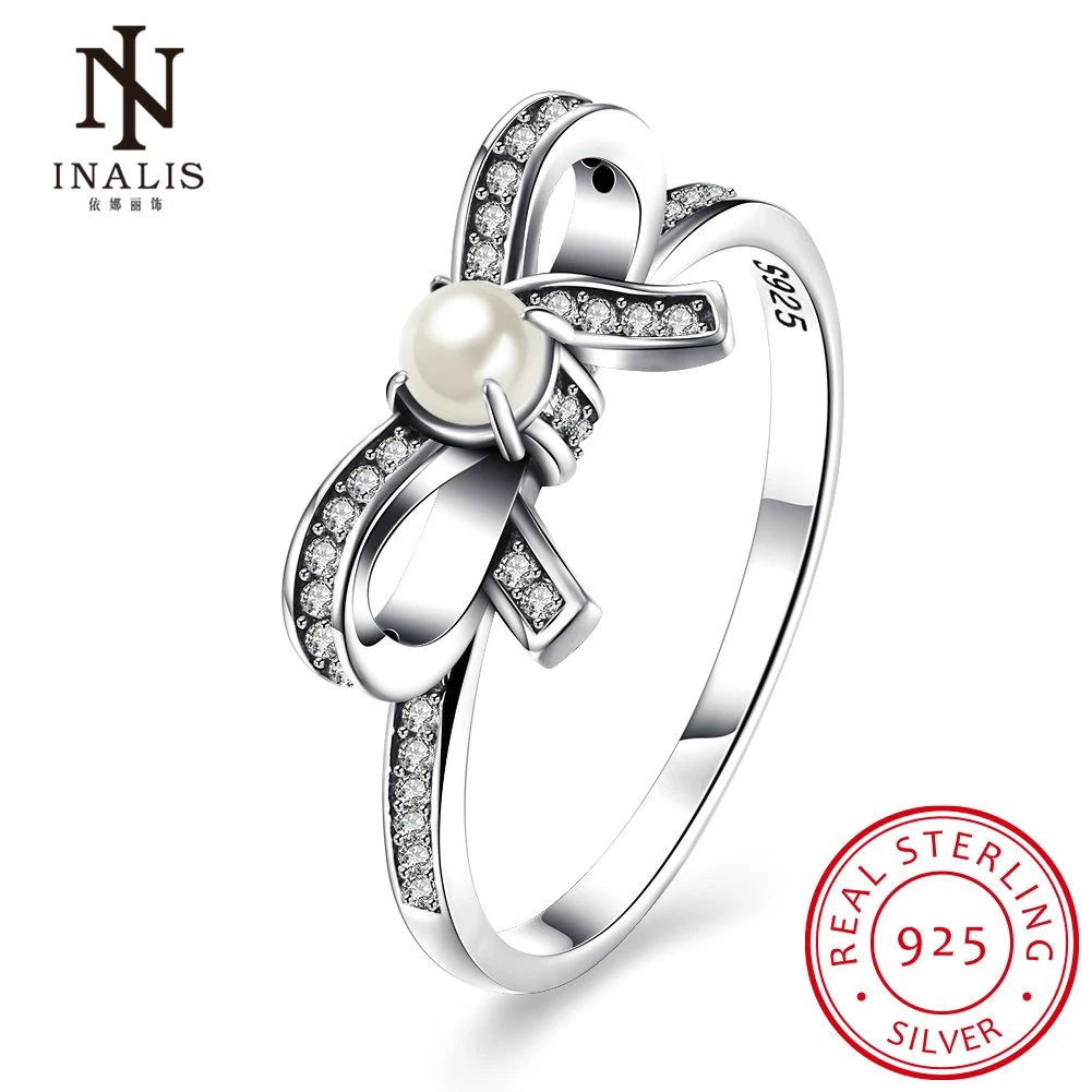 

INALIS Authentic 100% 925 Sterling Silver Bow-knot Butterfly Ring with Pearl Micro CZ Clear Color Women Wedding Jewelry