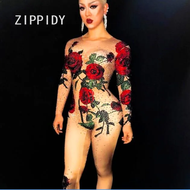 

Multicolor Crystals Rose Flowers Design Sexy Nude Jumpsuit Evening Party Celebrate Stretch Costume Rhinestone Rompers Stage Wear