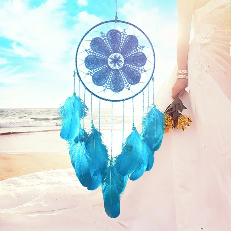 Handmade Ethnic Style Large Doily Dream Catcher Woven Wall Hanging Decoration White Dreamcatcher Wedding Party Ornament - Цвет: Синий