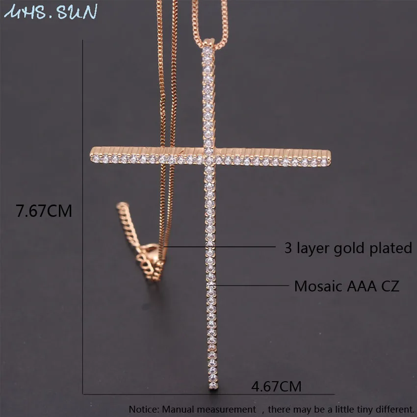 MHS.SUN CZ Zircon Big Cross Pendant Necklace For Men Women Gift Hip Hop Gold/Black Color Chain Necklace Religion Jewelry 1PC