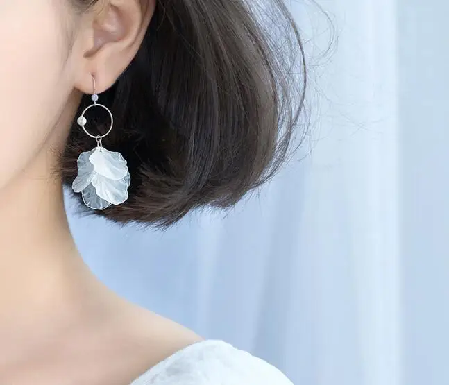 

100% Real. 925 Sterling Silver Fine Jewelry White synthesis pEARL &Shell Flower With Round Circle Long Hook Earrings gtle2093