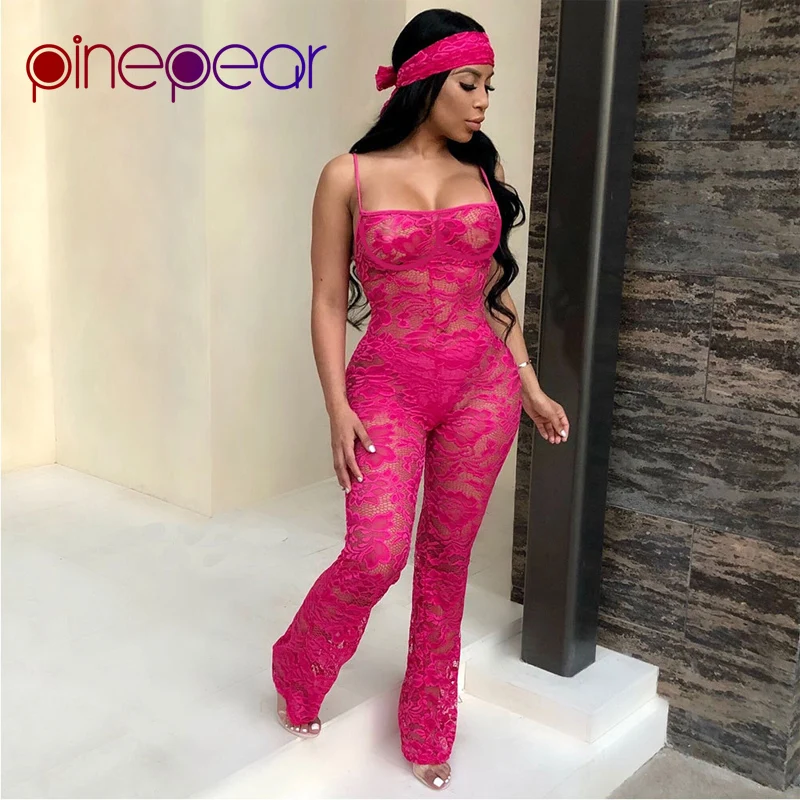 

PinePear Sexy Spaghetti Strap Lace Jumpsuits 2019 New Summer Women Solid Rose Red Sleeveless Hollow Out Straight Pants Overalls