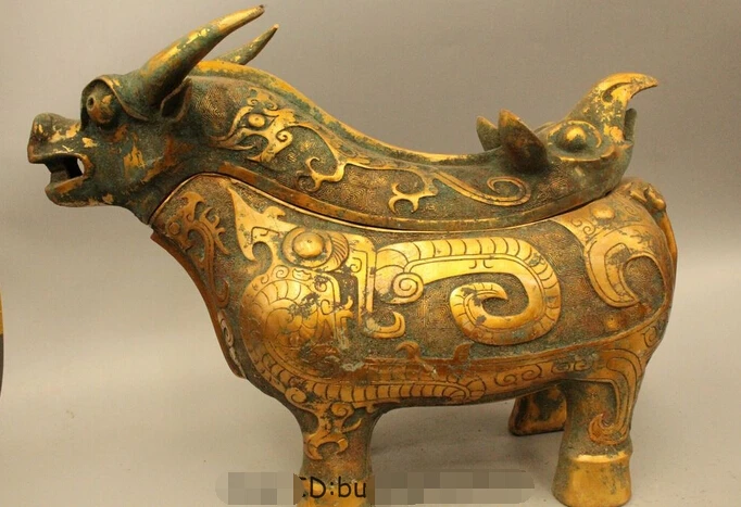 

wholesale factory 15"Ancient Chinese Dynasty Old Bronze Gild Bull Bird Head Beast Zun Pixiu Burner