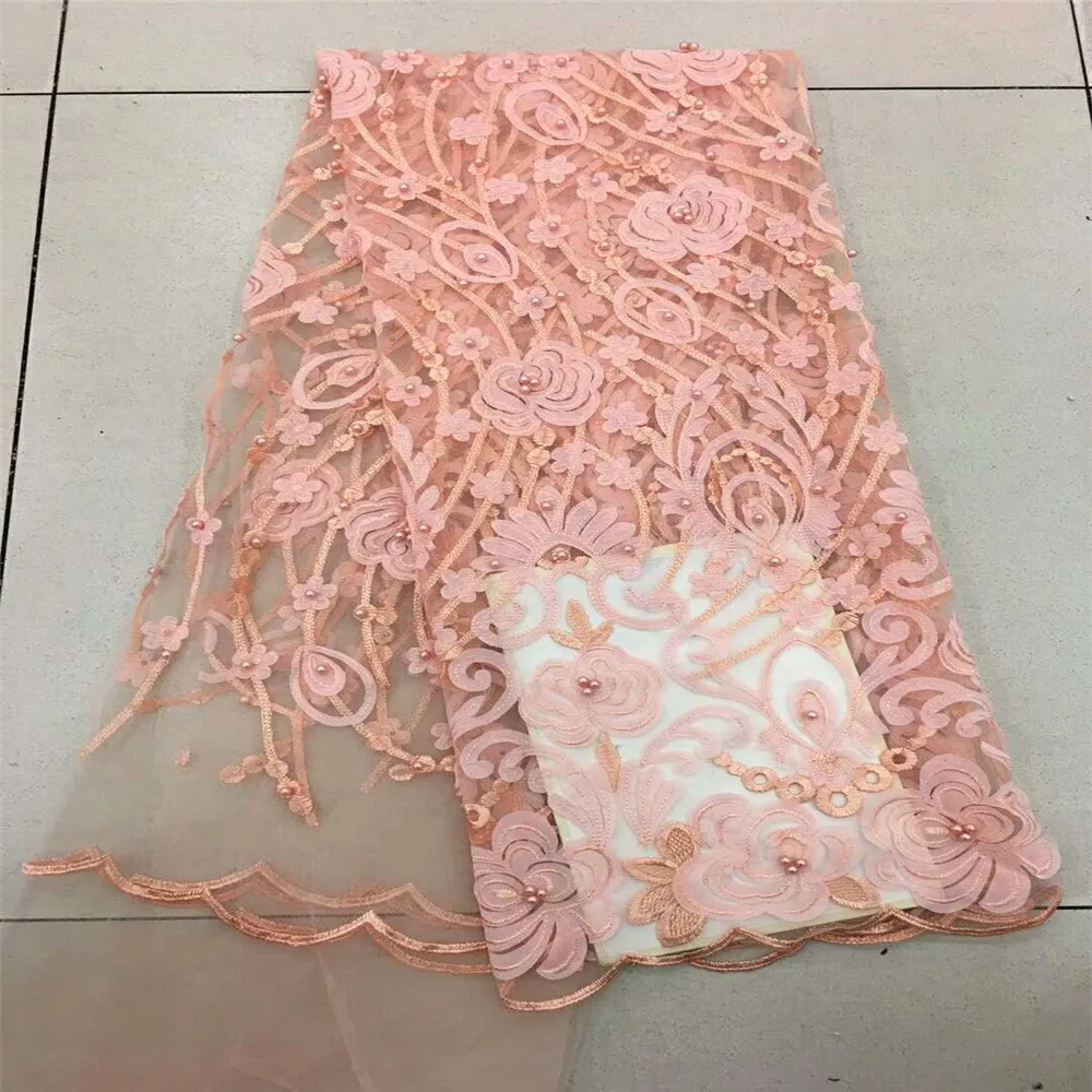 

HFX Pink french lace fabric with beads mesh tulle high quality nigerian lace fabrics for wedding X201-2