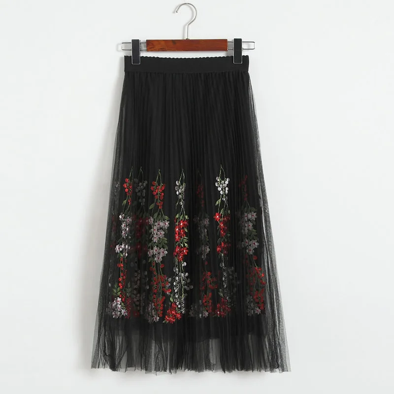 

INNASOFAN Spring-Summer Women's Tulle-Skirt high waist Euro-American fashionable elegant pleated skirt with flower embroidery