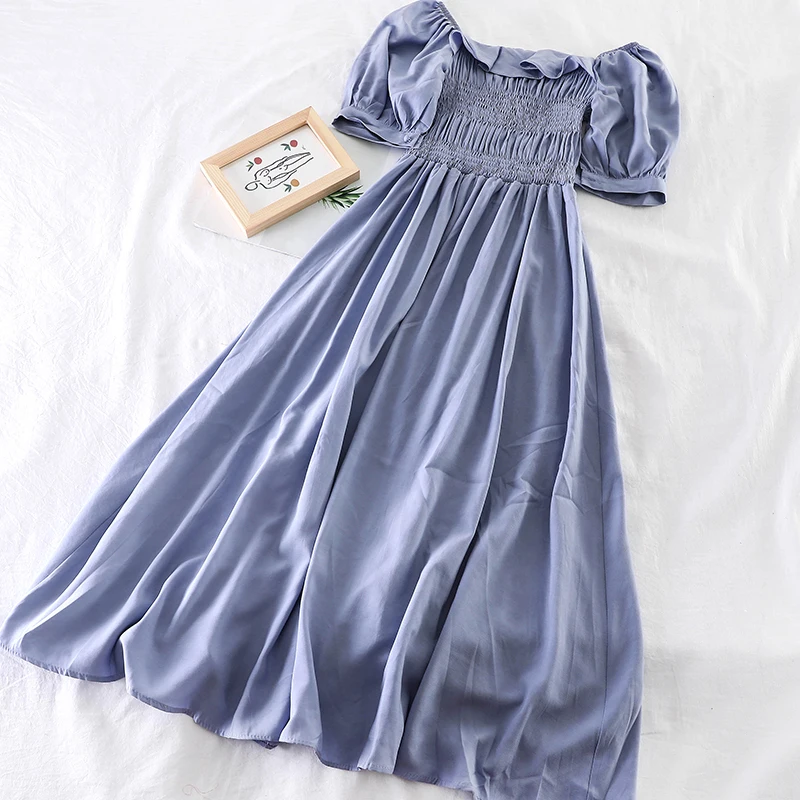 

Elegant Women Summer Short Slash Neck Puff Sleeve Pleated Ruffle Dress Vintage Elastic Slim High Waist Pullover Party Midi Dress