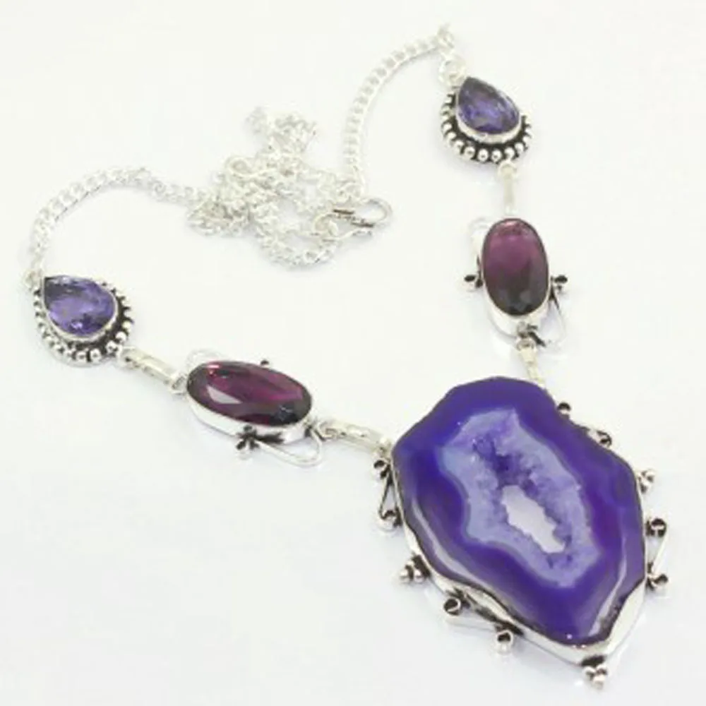 

Solar Quarts & Amethysts Necklace Silver Overlay over Copper, 51 cm , N3503