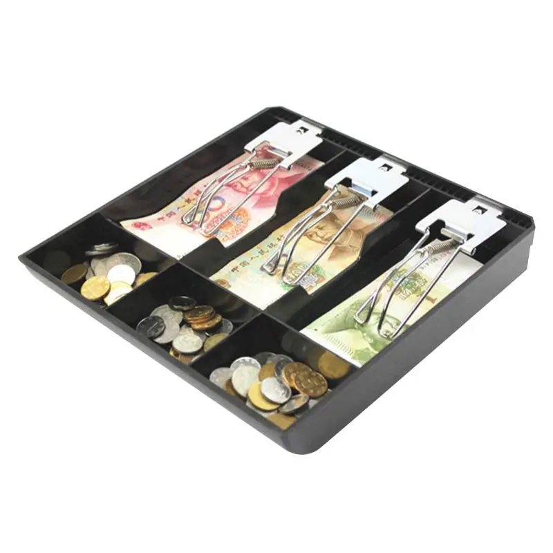 

6 Grids Black Plastic Coin Money Storage Box Bill Cash Tray Organizer With 3 Removable Metal Clips