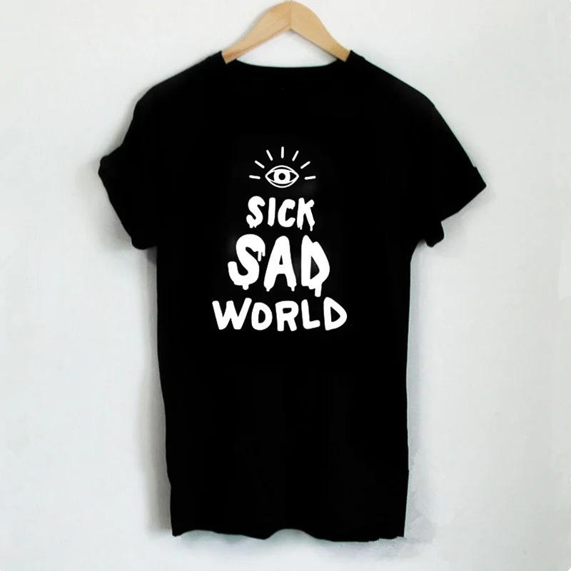 Повседневный женский с надписью, футболки, забавная Футболка для леди, топ, хипстер, новинка, гранж, Tumblr, Готическая рубашка, Sick Sad World