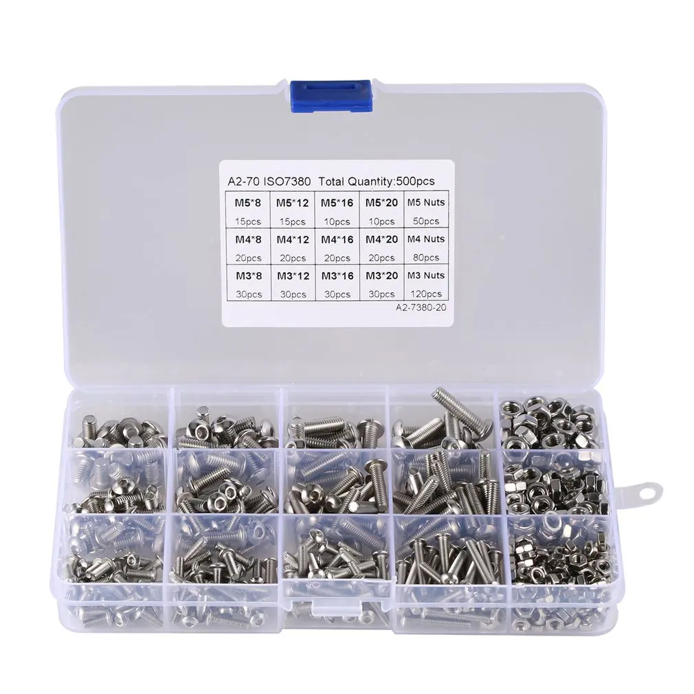 

500PCS M3 M4 M5 Hexagon Socket Round Head Screws set Stainless Steel Button Head Screw Mushroom Hex Socket Screw with Nut