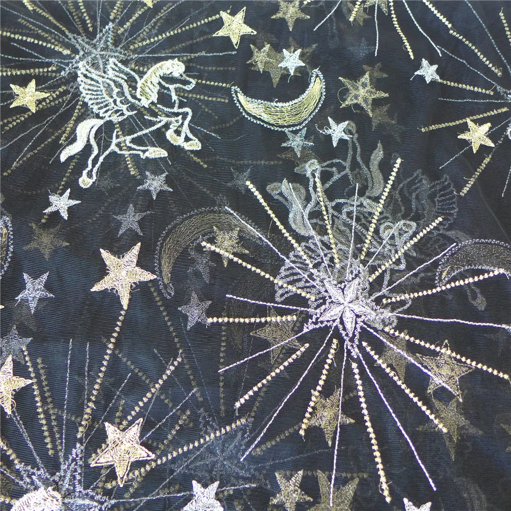 Вышитые звезды лошадь Луна Тюль кружевная ткань с нитью темно-синий цвет шампанского черный цвет юбка кружевная ткань 1 ярд