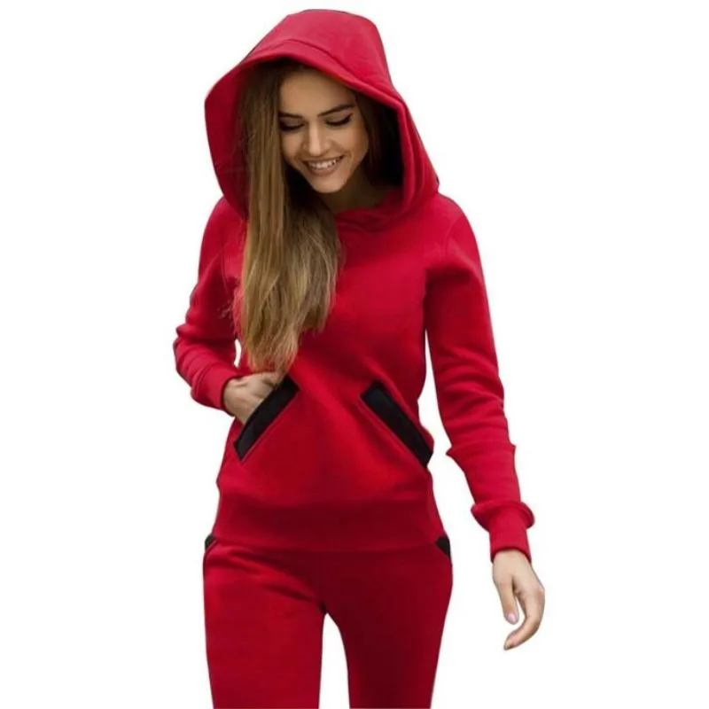 

2019 Fashion Autumn Winter Women Tracksuits Outfits Big Hat Sweatshirts+Slim Full Pants 2 Piece Set Pockets Female Set