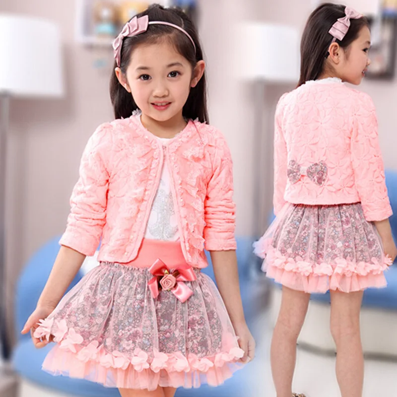 

2019 Girls Clothes Set Toddler Girls Clothing Set Fashion Big Girls White Lace Shirt + Skirts + Coats Children Suit 3Pcs Outfits