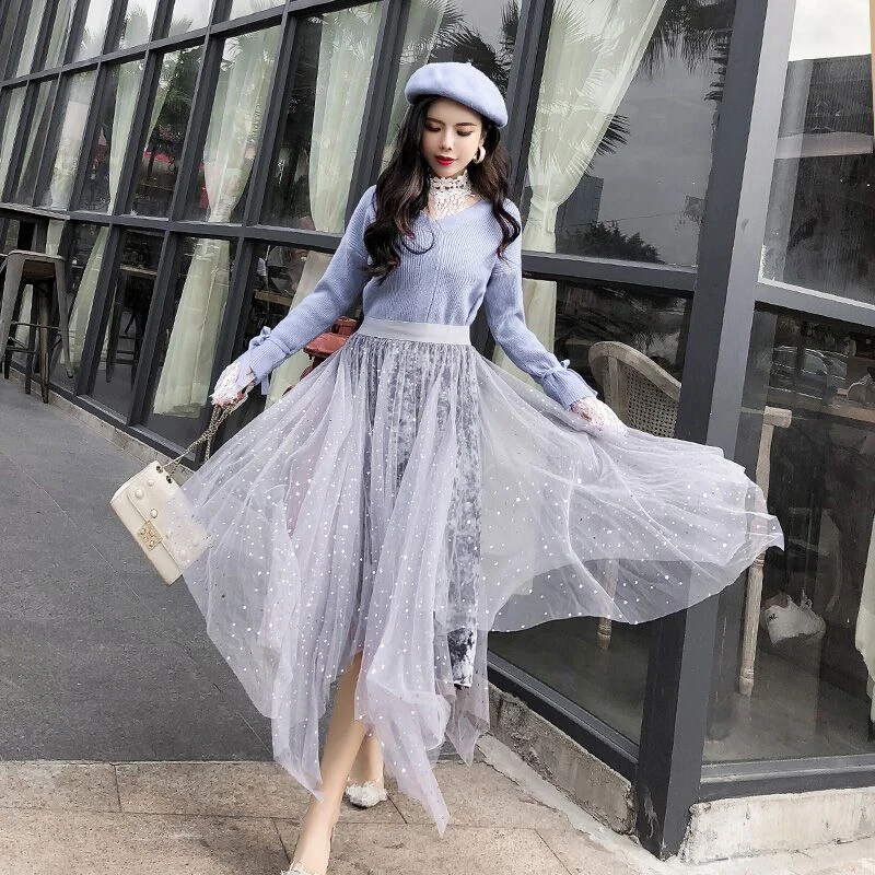 

3 piece set fashion suit female autumn winter Korean lace bottoming shirt + lace sweater + star sequins irregular mesh skirt
