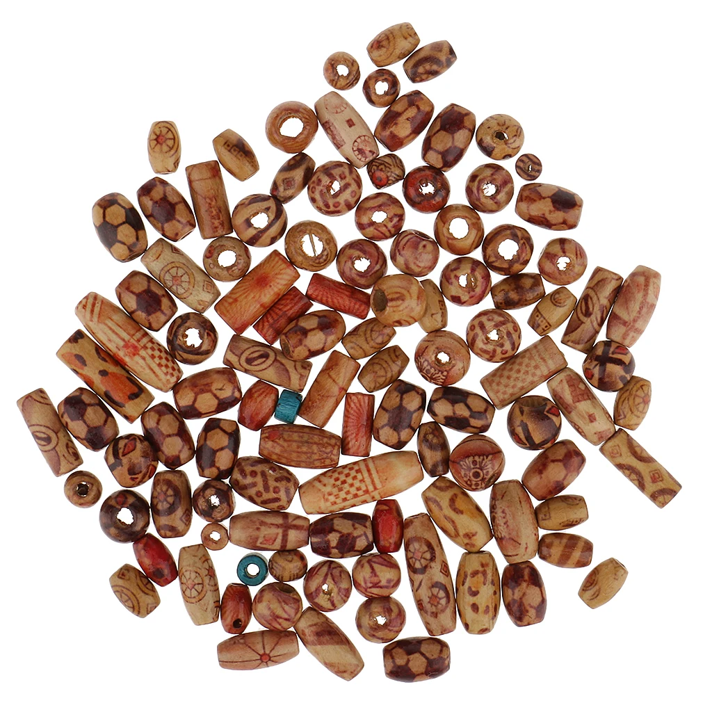 Phenovo 100 Pieces Mixed Printed Wood Beads Large Hole Bead DIY Jewelry Accessories Make Necklace Bracelet Macrame Craft Project