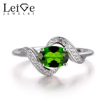 

LeiGe Jewelry Natural Chrome Diopside Rings Unique Anniversary Rings Oval Cut Green Gems Rings 925 Sterling Silver Fine Jewelry