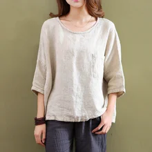 Plus size White Linen Women Blouses Shirt Solid O-neck Loose Casual Summer Shirts Blouse Vintage Linen Tee shirt Tops 5001