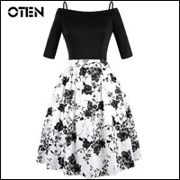 OTEN-Summer-Women-Half-Sleeve-Slash-Neck-Black-White-Floral-Printed-Elegant-Ladies-Swing-Skater-midi