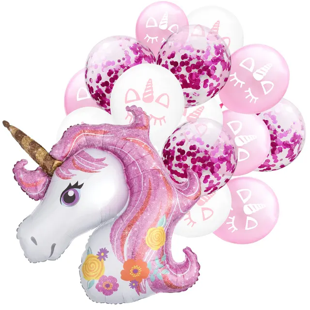 16pcs Pink Unicorns Balloon Latex Confetti Balloons Foil Unicorn