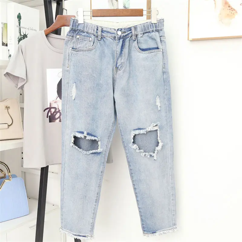 Light blue 5XL рваные джинсы женские с высокой талией дырки джинсовые шаровары бойфренды Джинсы женские винтажные уличная свободная мама джинсы Q1353 - Цвет: Light blue