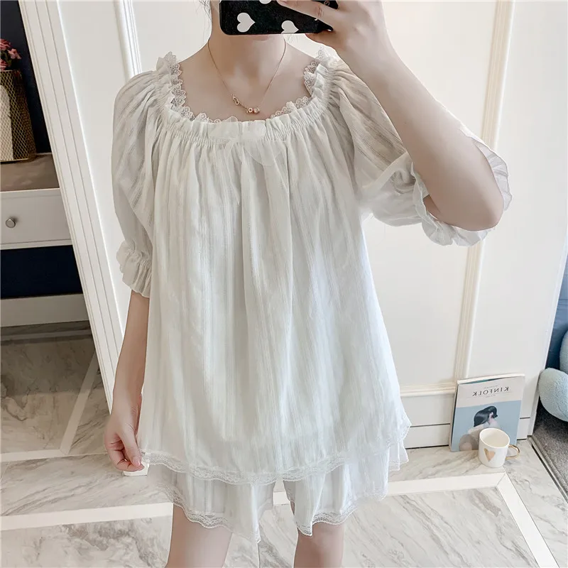 

Lisacmvpnle Woven Cotton Women Pajamas Suit Short Sleeve Lovely Lace Princess Style Sleepwear