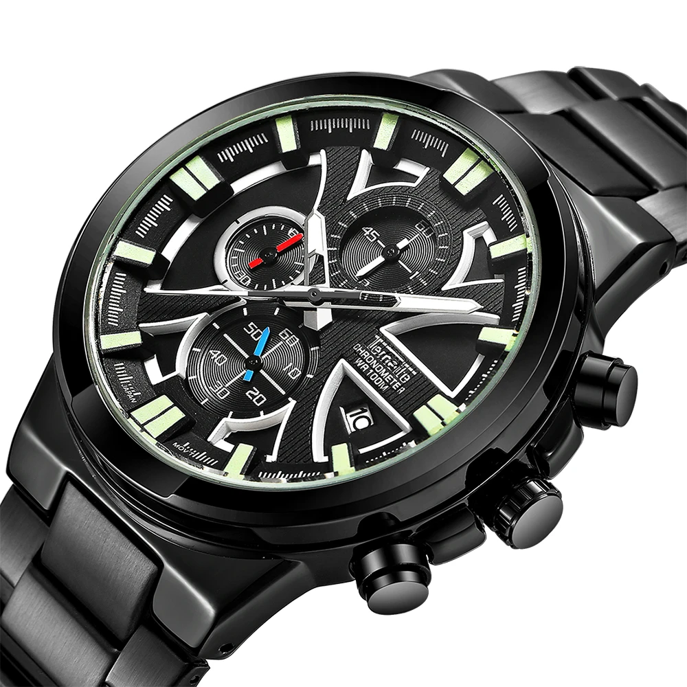 

Mens Watches Top Luxury Brand Sports Chronograph Analog Quartz Watch Date Luminous Waterproof Full steel Military Wristswatches