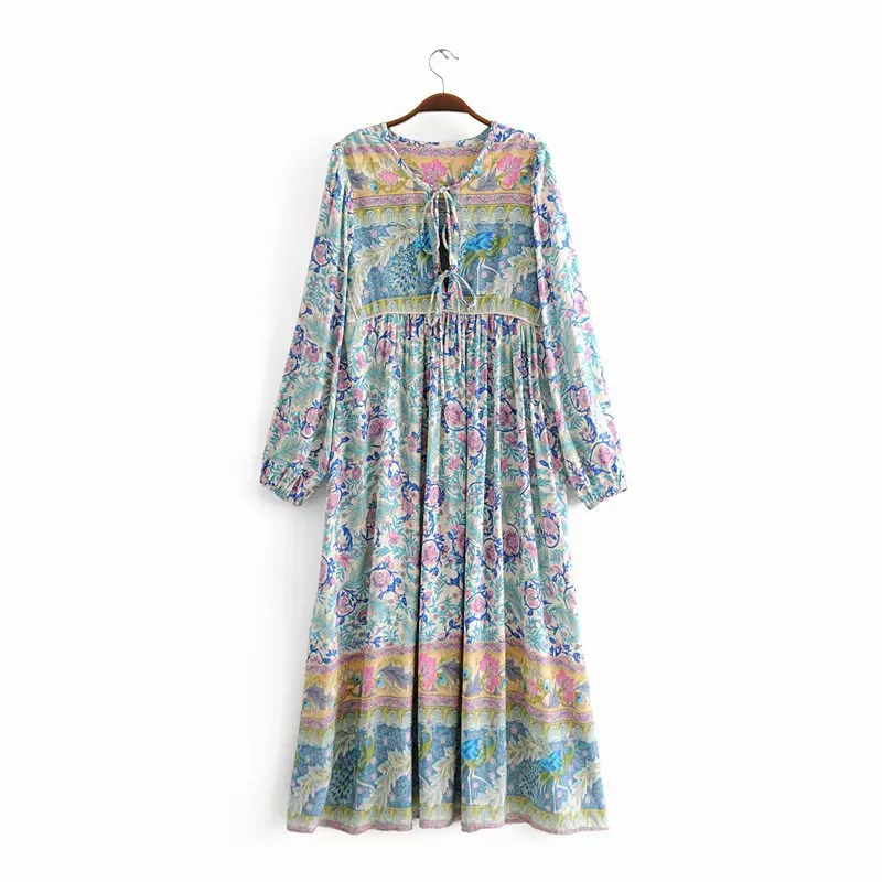 

Women peacock & Floral print Boho Chic Beach dress Summer Long sleeve Lace-up Midi Casual dresses Female vestidos#C403