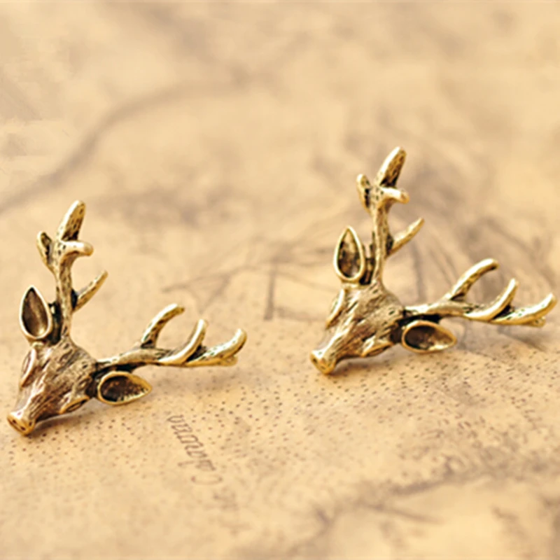 

E062 Vintage Deer Antlers Stud Earring For Women Girls Exquisite Antique Gold Color Stud Earring Statement Ear Jewelry Wholesale