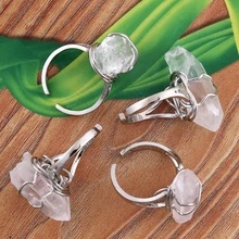 

wholesale 10Pcs Charm Silver Plated White Quartz Crystal Stone Random Shape Adjustable Finger Ring Jewelry