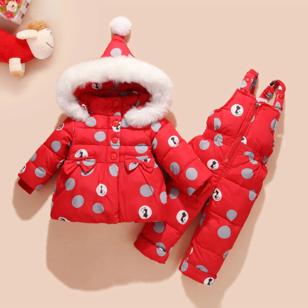 

Warm Duck Down Baby Winter Overalls Snowsuit Cute Bowknot Polka Dot Hoodies Jacket and Jumpsuit Set Winter Baby Suit Overalls