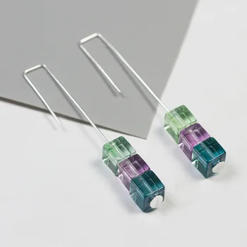 

CMAJOR Designer 925 Sterling Silver 3 Square Fluorite Stones Crawler Earrings Women Girls Original Fine Jewelry Wholesale