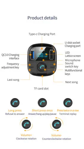 Прикуриватель Bluetooth 5,0 автомобильный fm-передатчик беспроводной радио USB Mp3 плеер Handsfree