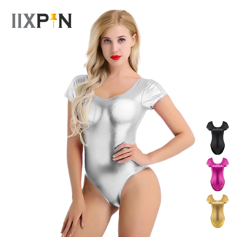 IIXPIN, Женский Блестящий балетный купальник для взрослых, танцевальные костюмы, лакированная кожа, короткий рукав, цельное Боди для танцев, балетная одежда