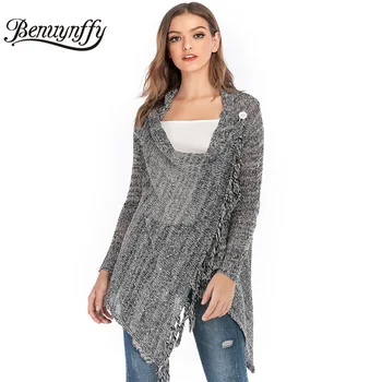 

Benuynffy Casual One Button Tassel Cardigan Women Sweaters 2019 Autumn Knitted Long Sleeve Slim Asymmetrical Cardigans Coats