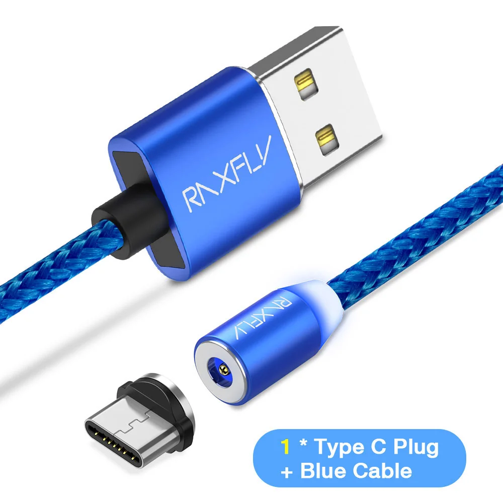 Магнитный кабель RAXFLY Micro usb type C кабель для iPhone 11 Pro Max Xiaomi Redmi провод для быстрого заряда 1 м светодиодный магнитный кабель для зарядки - Цвет: Blue Type C