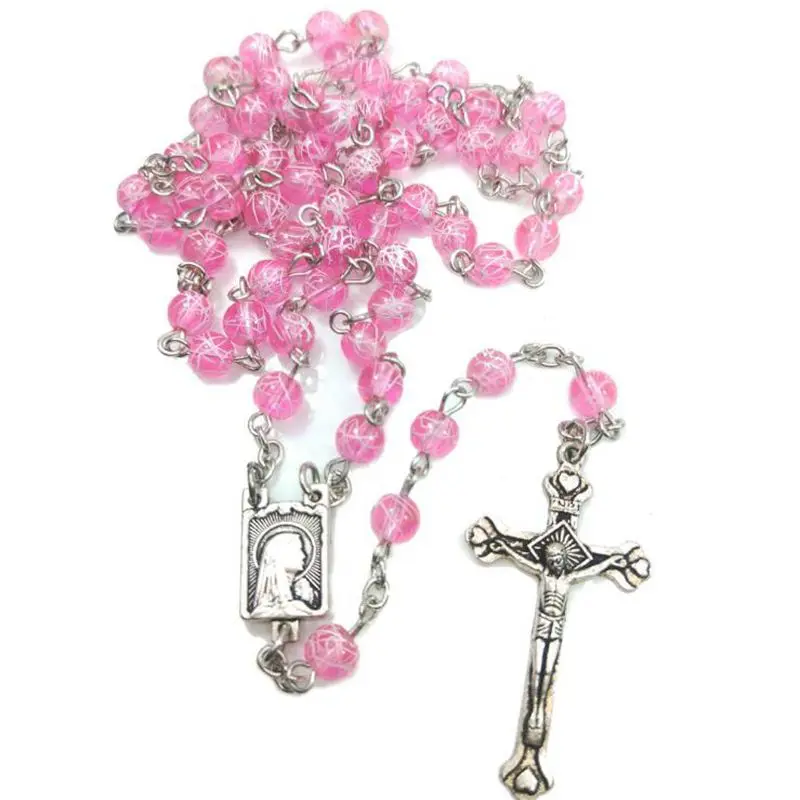 

Catholic Pink Rosary Cross Necklace Crucifix Christian Jewelry Accessories