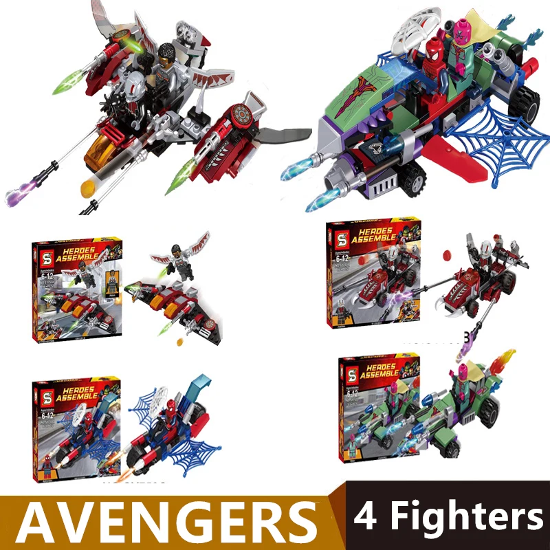 Goedkoop 4 Sets Super Heroes De Avengers Ant Man Falcon Spider Man Vision Voertuig Fighter Chase Bouwstenen minifig kinderen Speelgoed