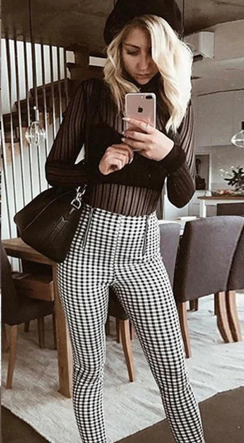 Fashion High Waist Elastic Harem Red Yellow Plaid Pants Women Casual Skinny Ankle-length Capris Pencil Pants Trouser - Color: Black