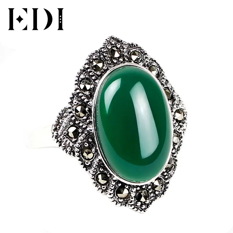 

EDI Women Retro Lace Chalcedony 925 Sterling Thai Silver Rings Palace Oval Corundum Engagement Ring In Jewelry JJ015S