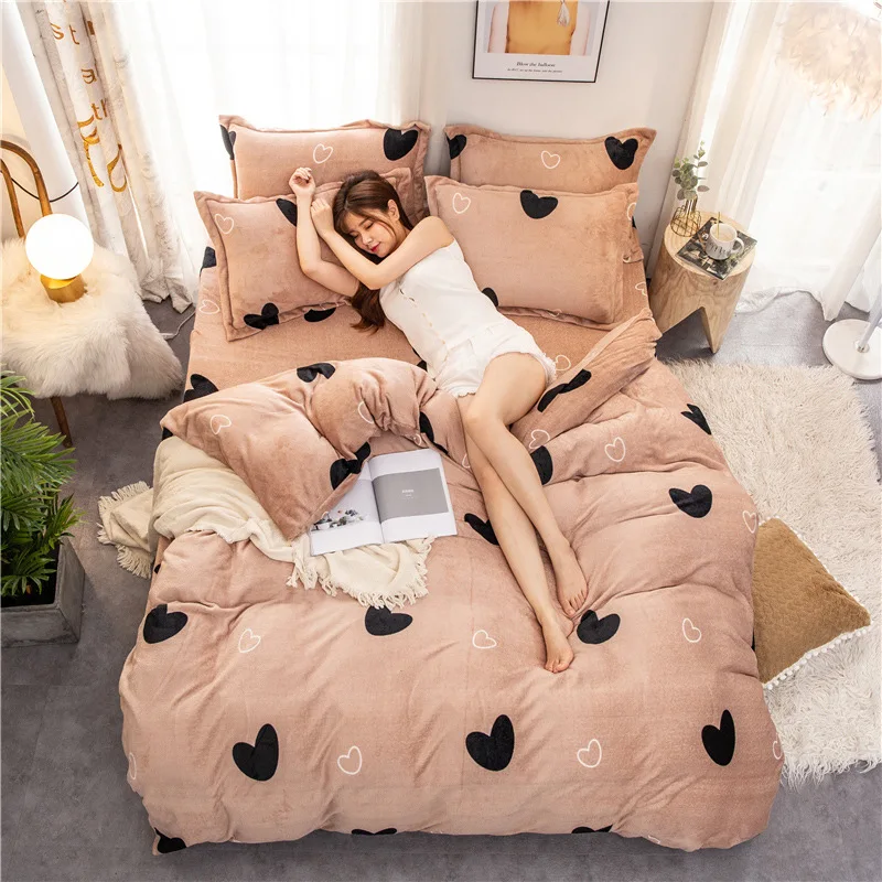 Fleece warm winter bedding heart bed duvet cover set flannel fleece bed flat sheet 3/ 4pcs home bed