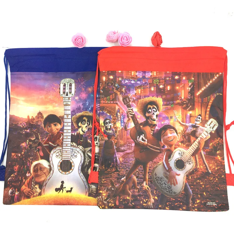 

12pcs coco Guitar theme non-woven bag fabrics drawstring backpack,schoolbag gift bags 34*27cm
