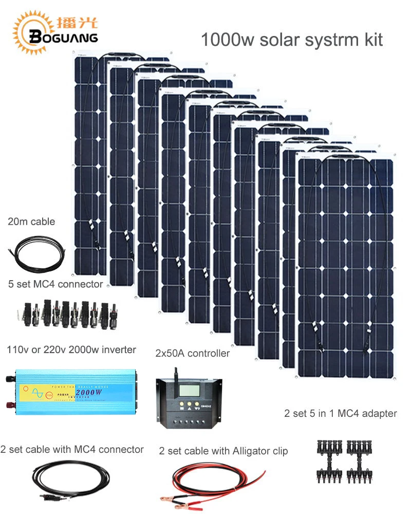 Boguang 1000 Вт комплект солнечной системы 10*100 Вт солнечная панель модуль 50А контроллер 2000 Вт Инвертор адаптер разъем батарея заряд энергии