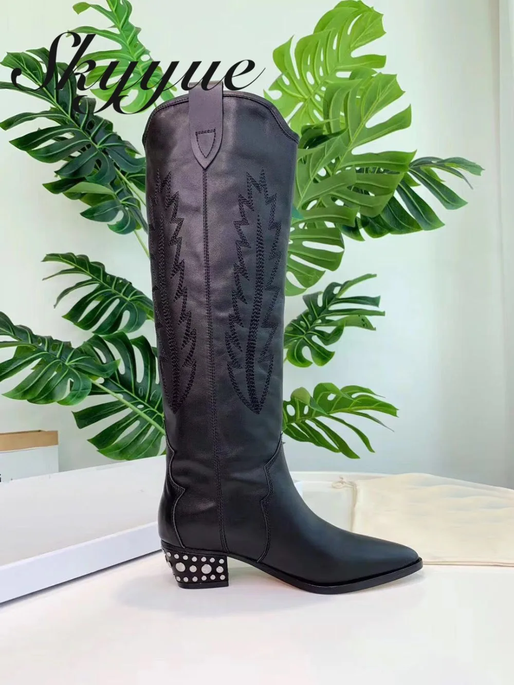 

SKYYUE New Genuine Leather Snakeskin Zip Side Women Boots Square Toe Knee HIgh Moto Boots Shoes Women embroider Knee Boots