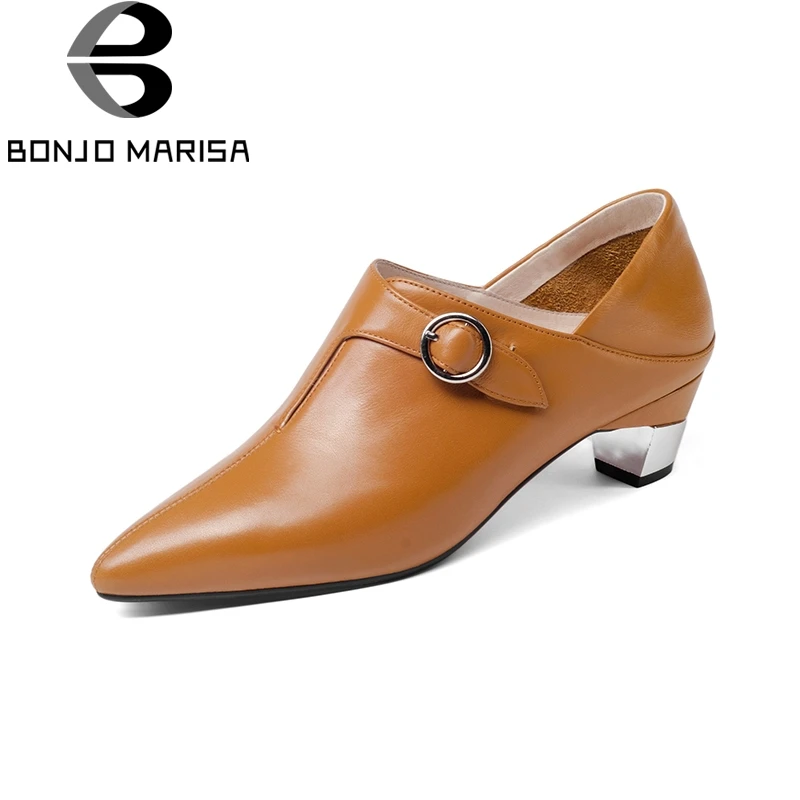 

BONJOMARISA Genuine Leather Strange Style Cow Leather Women Shoes Woman Pointed Toe Slip On Pumps Shoes Woman Size 34-39