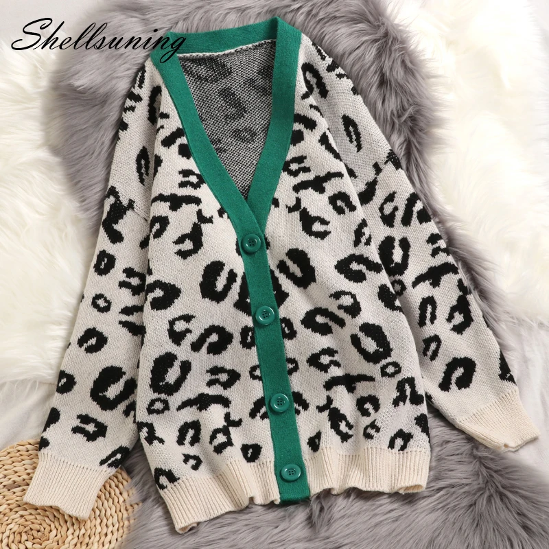 

Shellsuning Leopard Printed Knitted Cardigan Long Sleeve Sweater Women 2019 Autumn New V Neck Casual Warm Loose Outerwear Coats