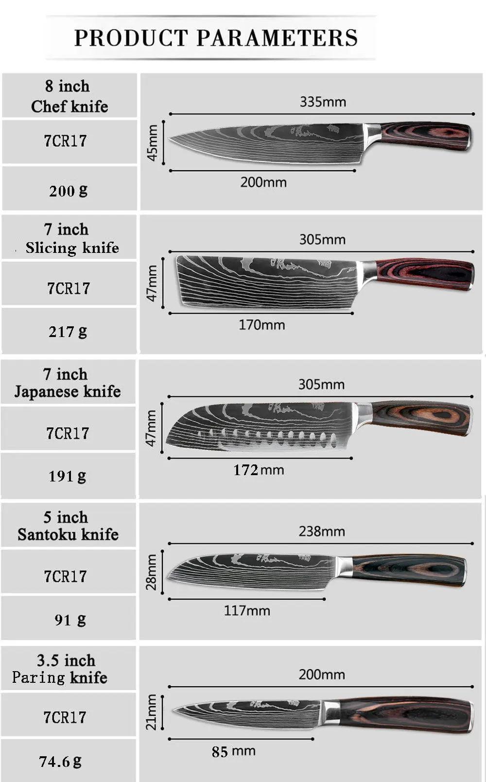 XITUO" 8" " 5" 3," дюймов Набор ножей шеф-повара для нарезки овощей хлеба Santoku ножи для очистки овощей 6 шт. кухонный нож Мясник инструменты дерево