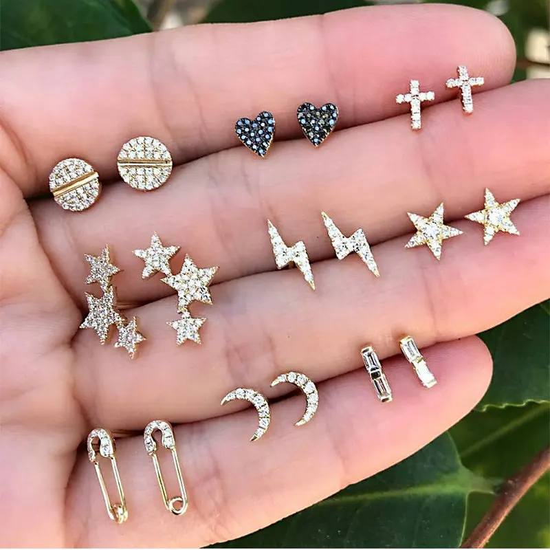 

20 Styles Boho Crystal Moon Stars Cross Geometry Stud Earrings Set for Women Punk Mix Design Leaf Aros boda bohemio joyera