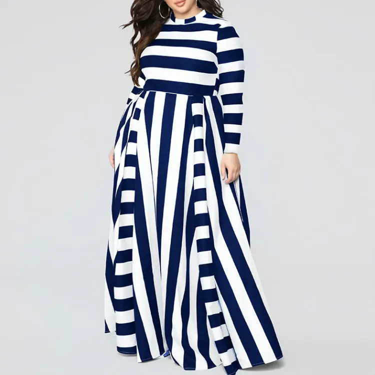 

Women Beach Boho Maxi Dress A-Line Striped Print Long Dress Feminine Plus Size Dress